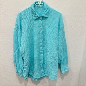Vitamin A Blue Button Down Shirt Womens Large Gauzy Cotton Resortwear Vacation